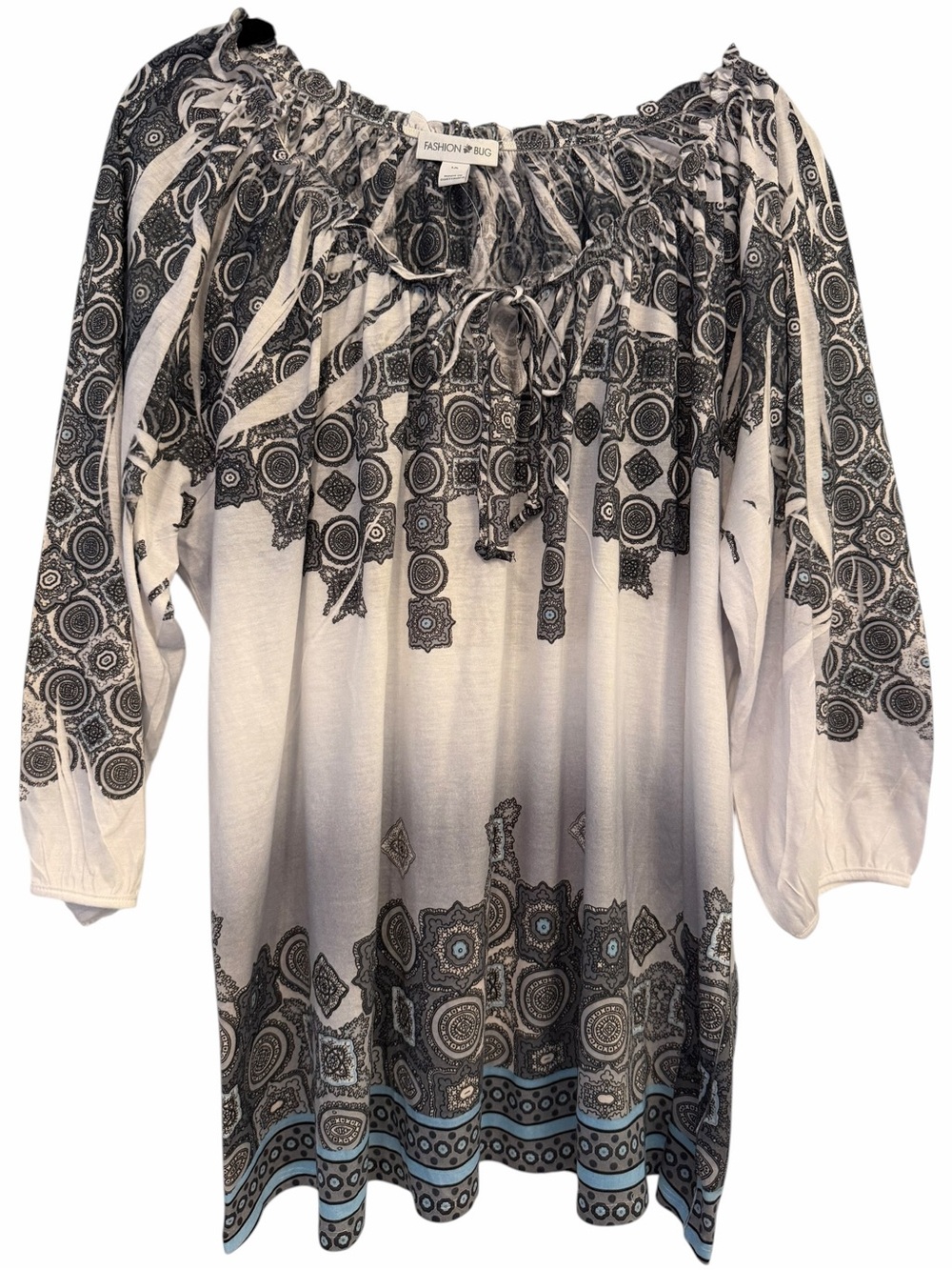 Fashion Bug Black and White Peasant Tunic with Geometric Border Size 1x